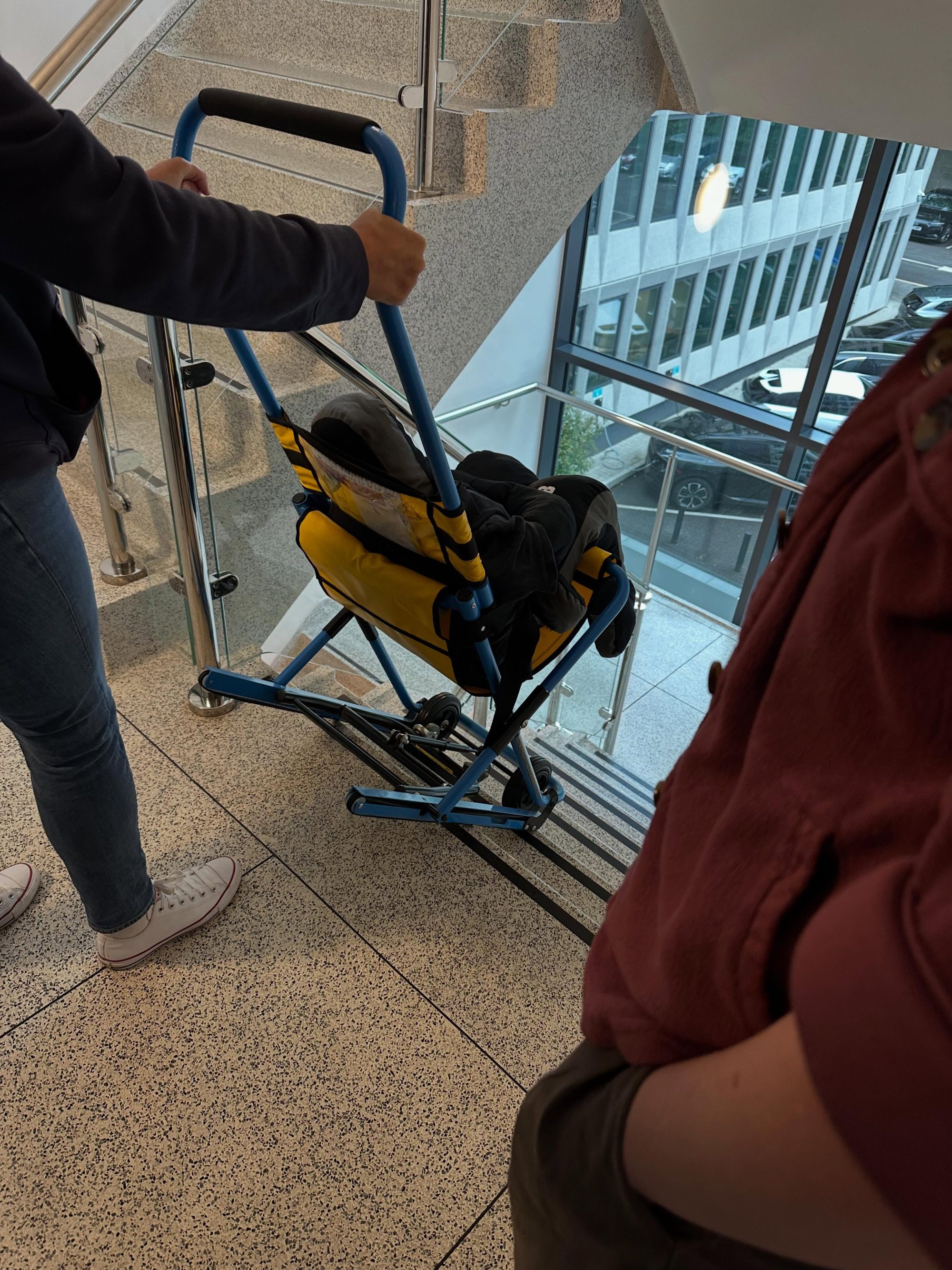 Evac chair going down stairs